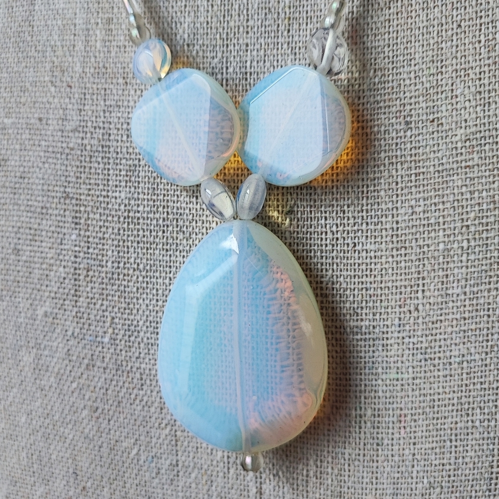 Blue Opalite Opaline Glass Y Design Necklace Silver Tone Barrel Clasp Artisan - Picture 8 of 9